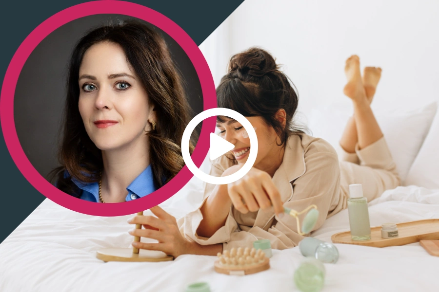 A headshot of Jessica Arnaly from Balchem next to a woman lying on her bed.